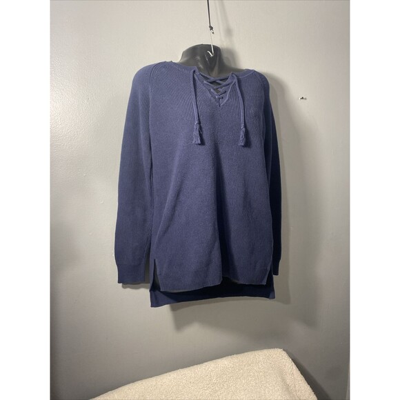 Ruff Hewn Knitted Sweater Tunic Blue Womens Large Blue Drawstring Pullover Boho‎ - Picture 2 of 7